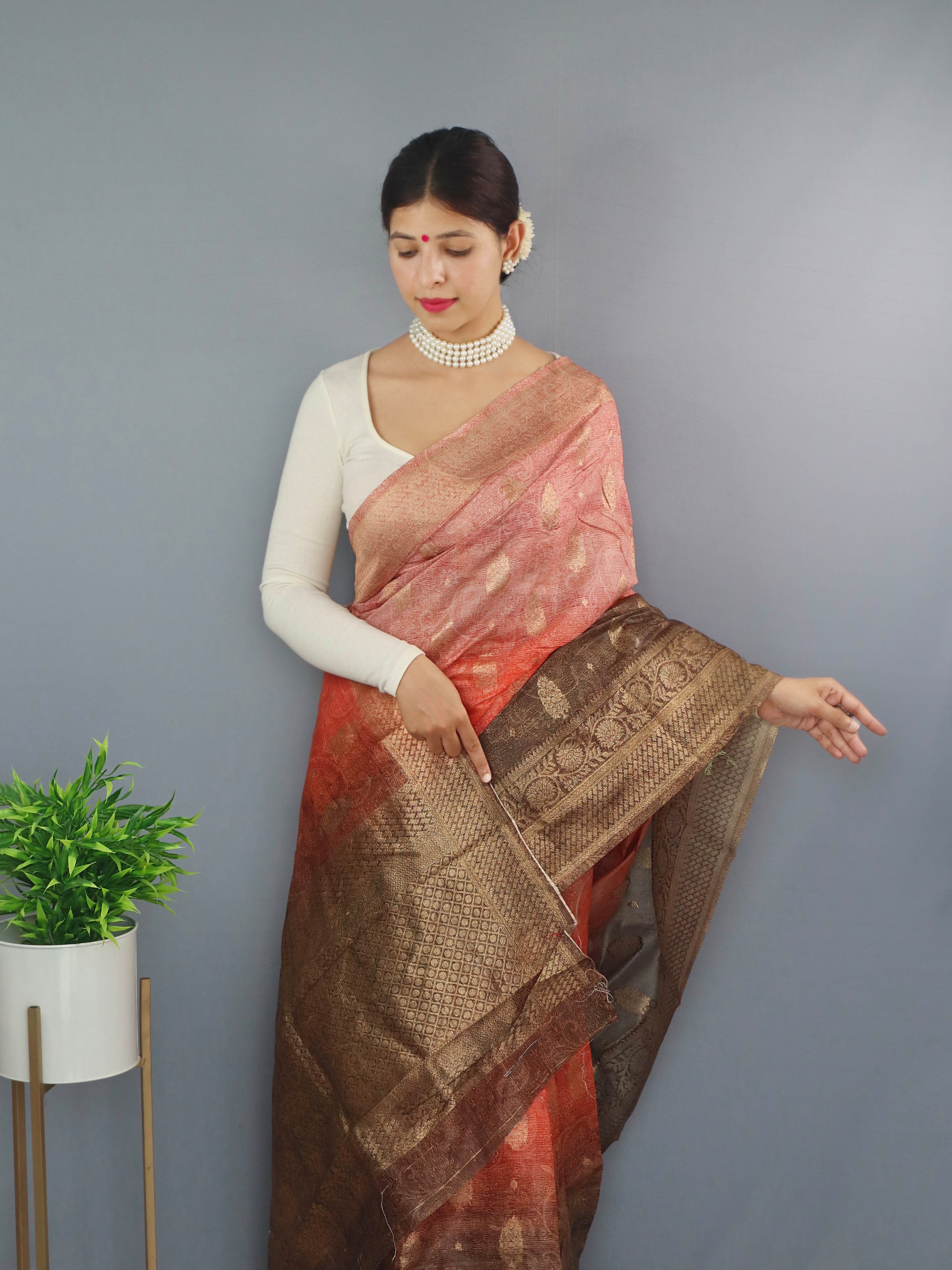 Vsaree Chanderi Silk Saree And Copper Zari Weaving Border And Rich pallu With Blouse