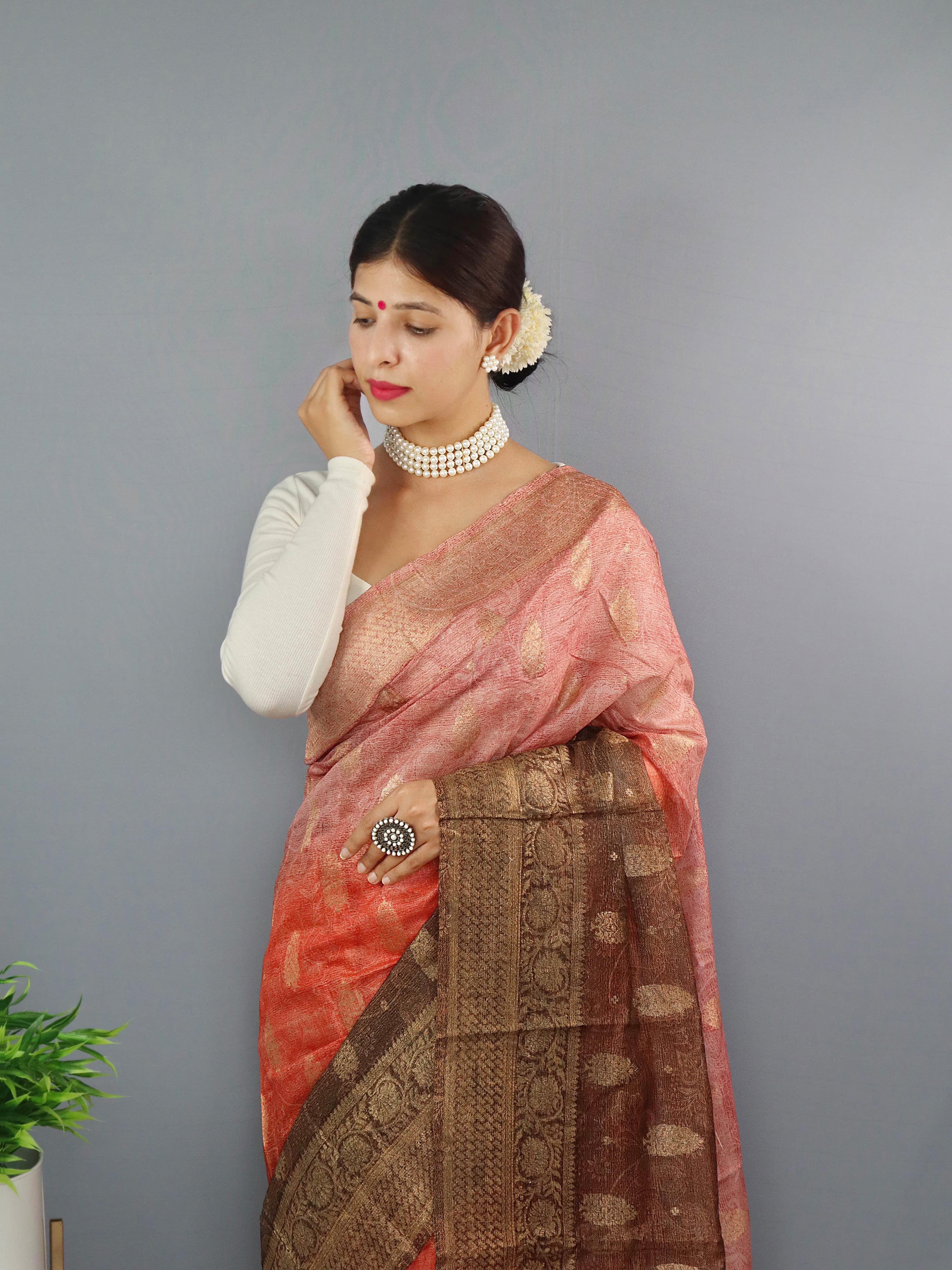 Vsaree Chanderi Silk Saree And Copper Zari Weaving Border And Rich pallu With Blouse