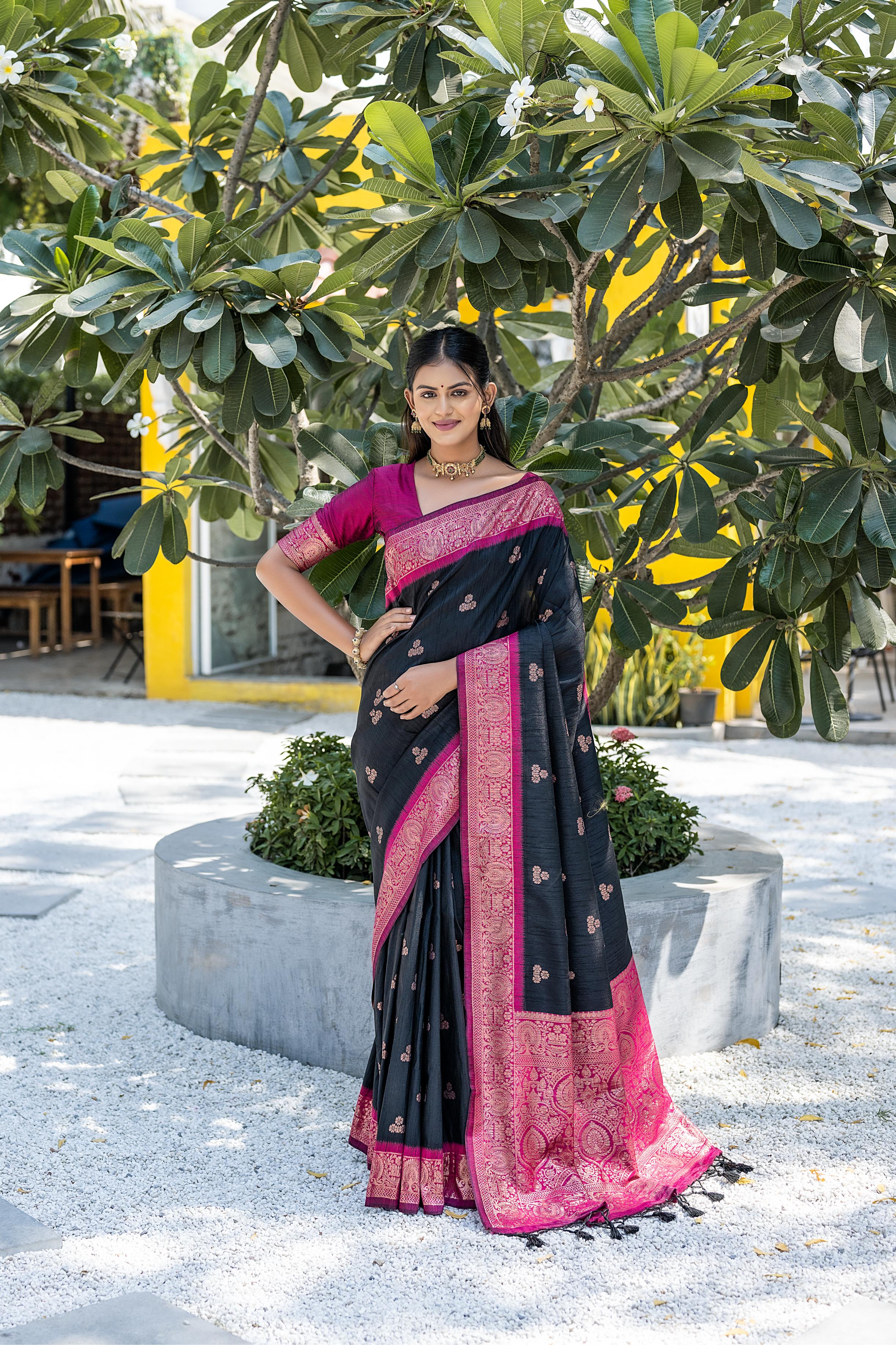 Vsaree Black Raw Silk Saree With All Over Weaving Butties And Zari Weaving pallu And Blouse