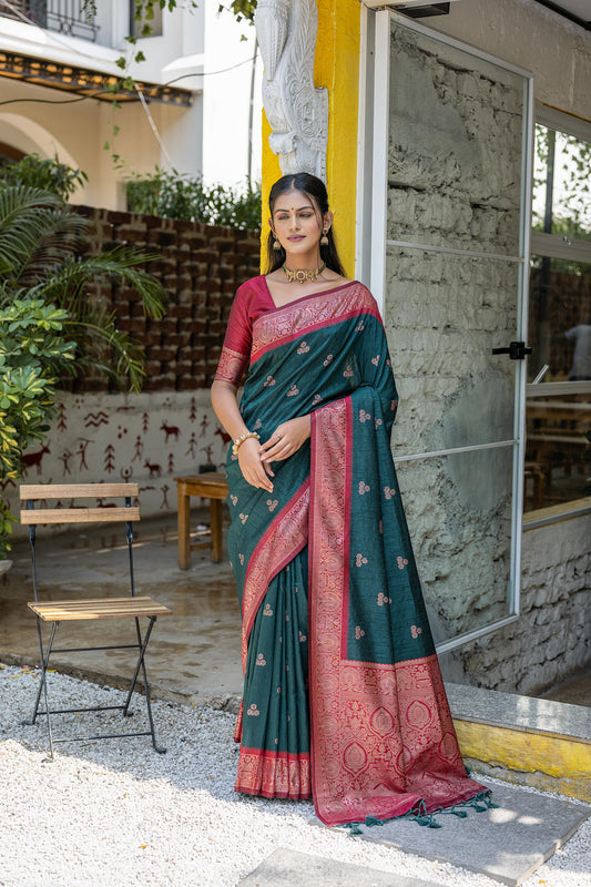 Vsaree Green Raw Silk Saree With All Over Weaving Butties And Zari Weaving pallu And Blouse