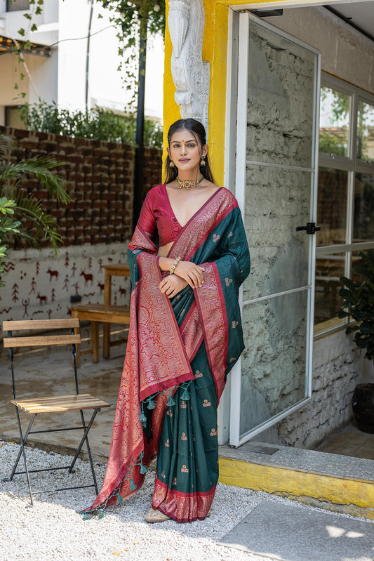 Vsaree Green Raw Silk Saree With All Over Weaving Butties And Zari Weaving pallu And Blouse