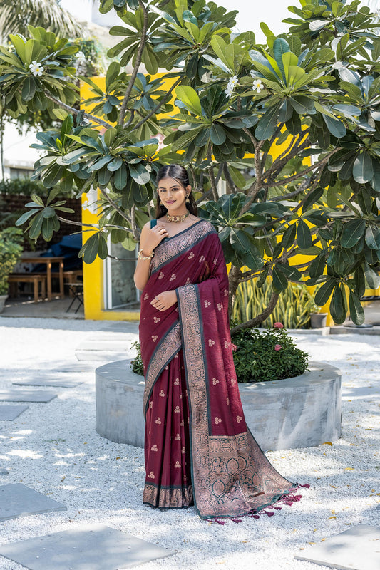 Vsaree Maroon Raw Silk Saree With All Over Weaving Butties And Zari Weaving pallu And Blouse