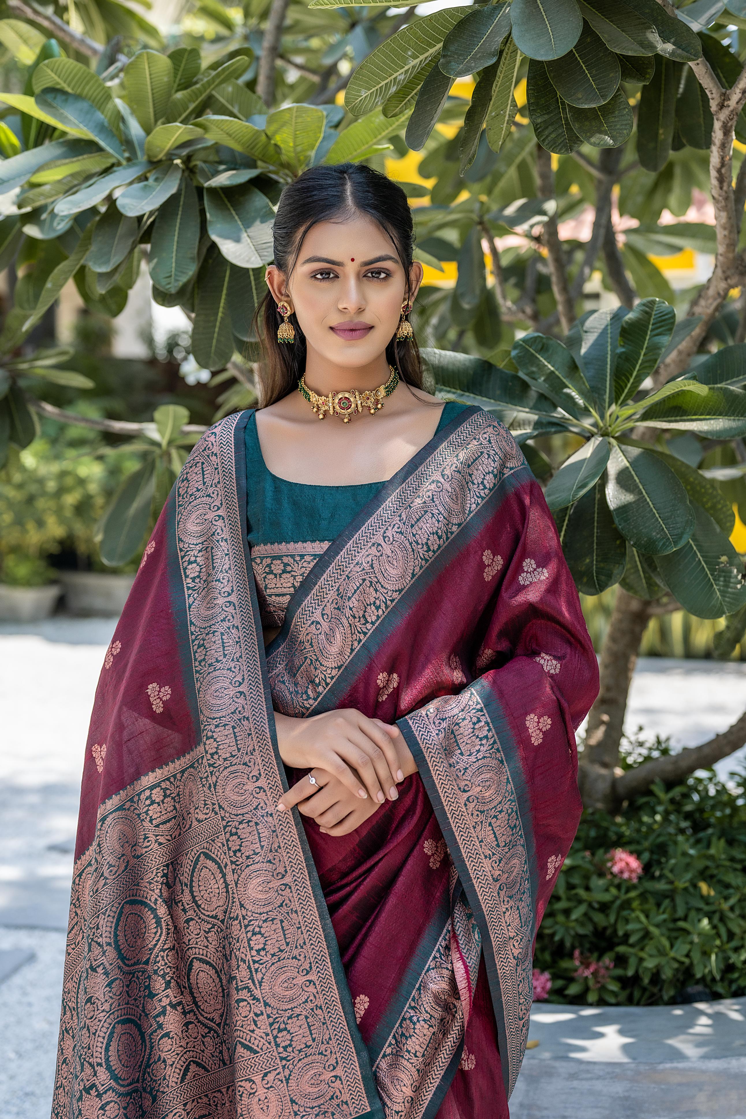 Vsaree Maroon Raw Silk Saree With All Over Weaving Butties And Zari Weaving pallu And Blouse