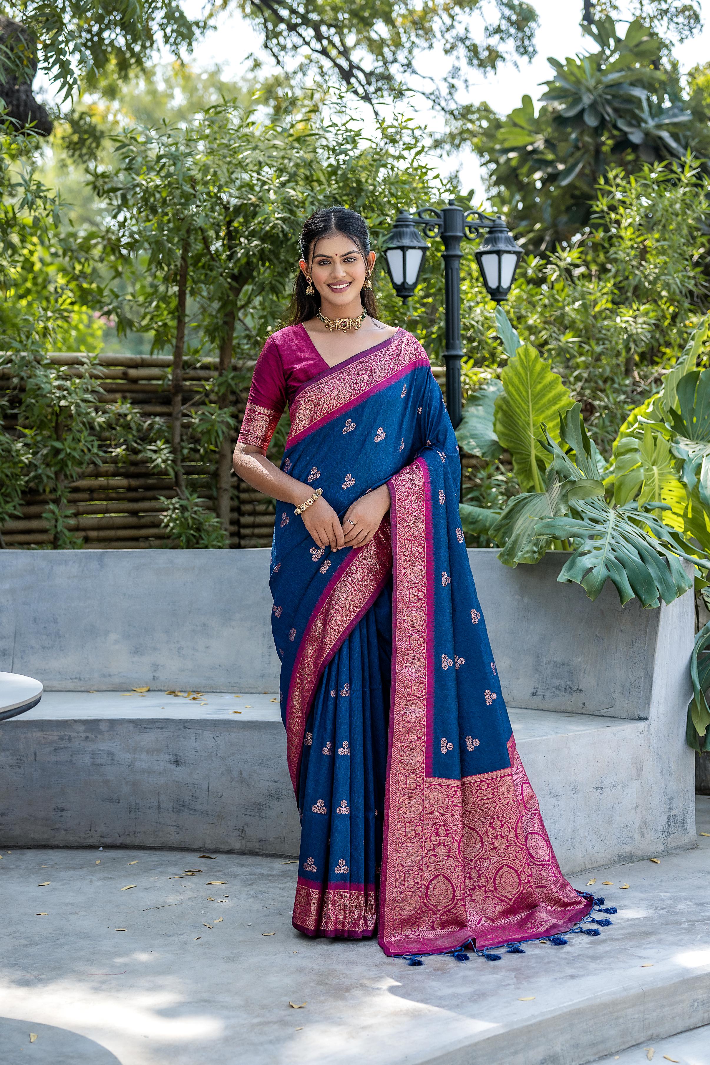 Vsaree Navy Blue Raw Silk Saree With All Over Weaving Butties And Zari Weaving pallu And Blouse