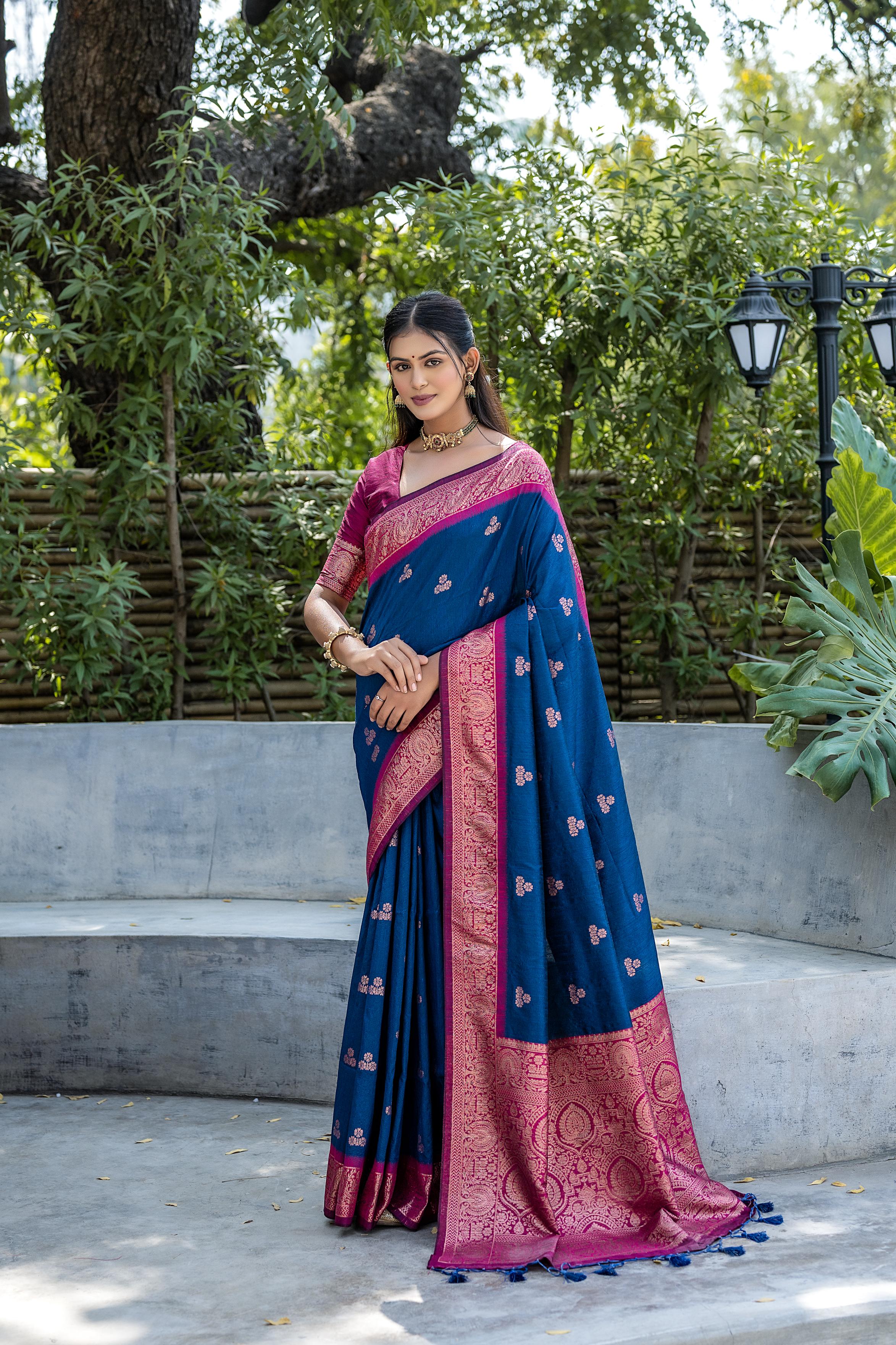 Vsaree Navy Blue Raw Silk Saree With All Over Weaving Butties And Zari Weaving pallu And Blouse