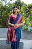 Vsaree Navy Blue Raw Silk Saree With All Over Weaving Butties And Zari Weaving pallu And Blouse