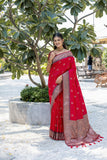 Vsaree Red Raw Silk Saree With All Over Weaving Butties And Zari Weaving pallu And Blouse