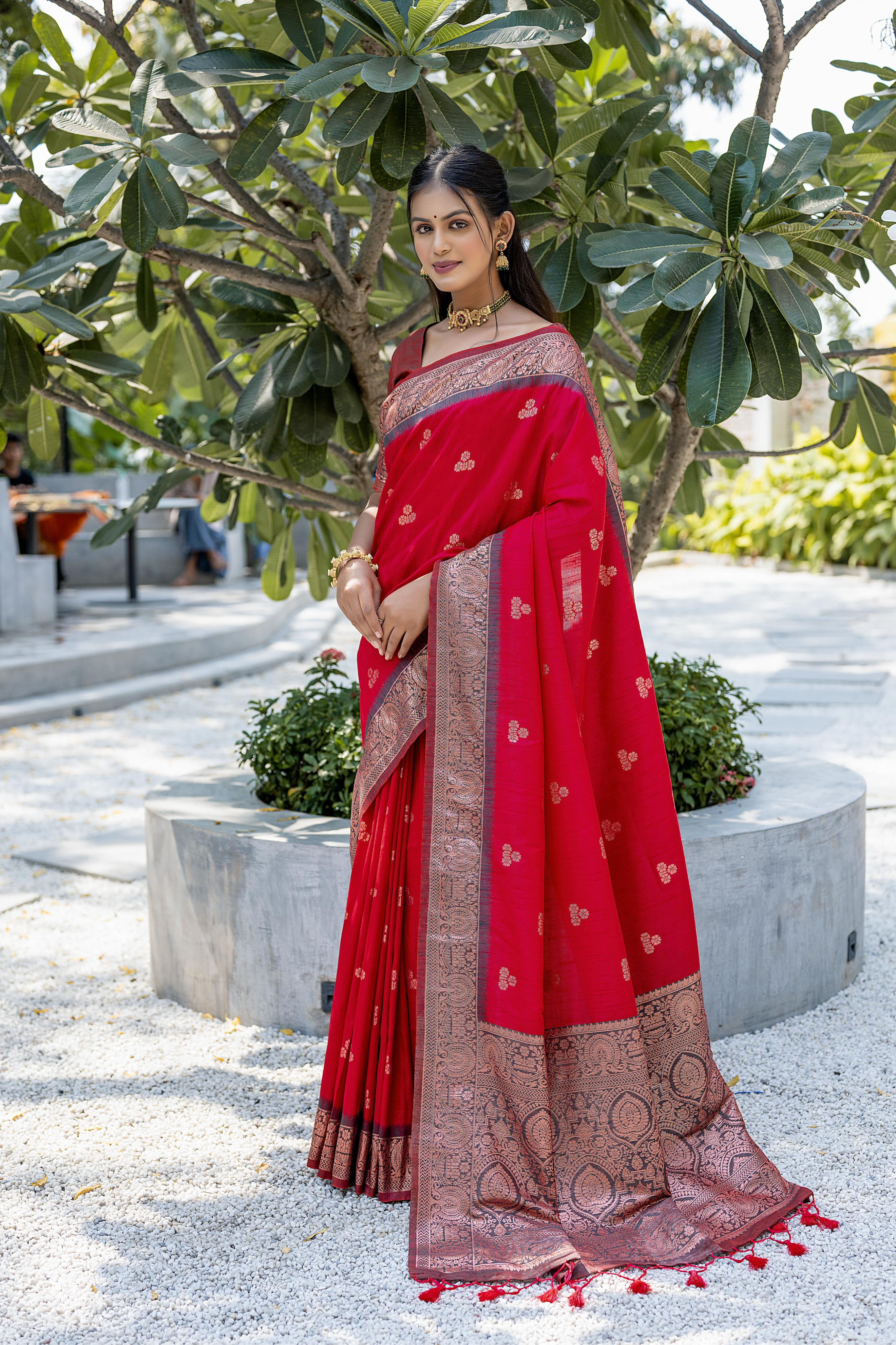 Vsaree Red Raw Silk Saree With All Over Weaving Butties And Zari Weaving pallu And Blouse