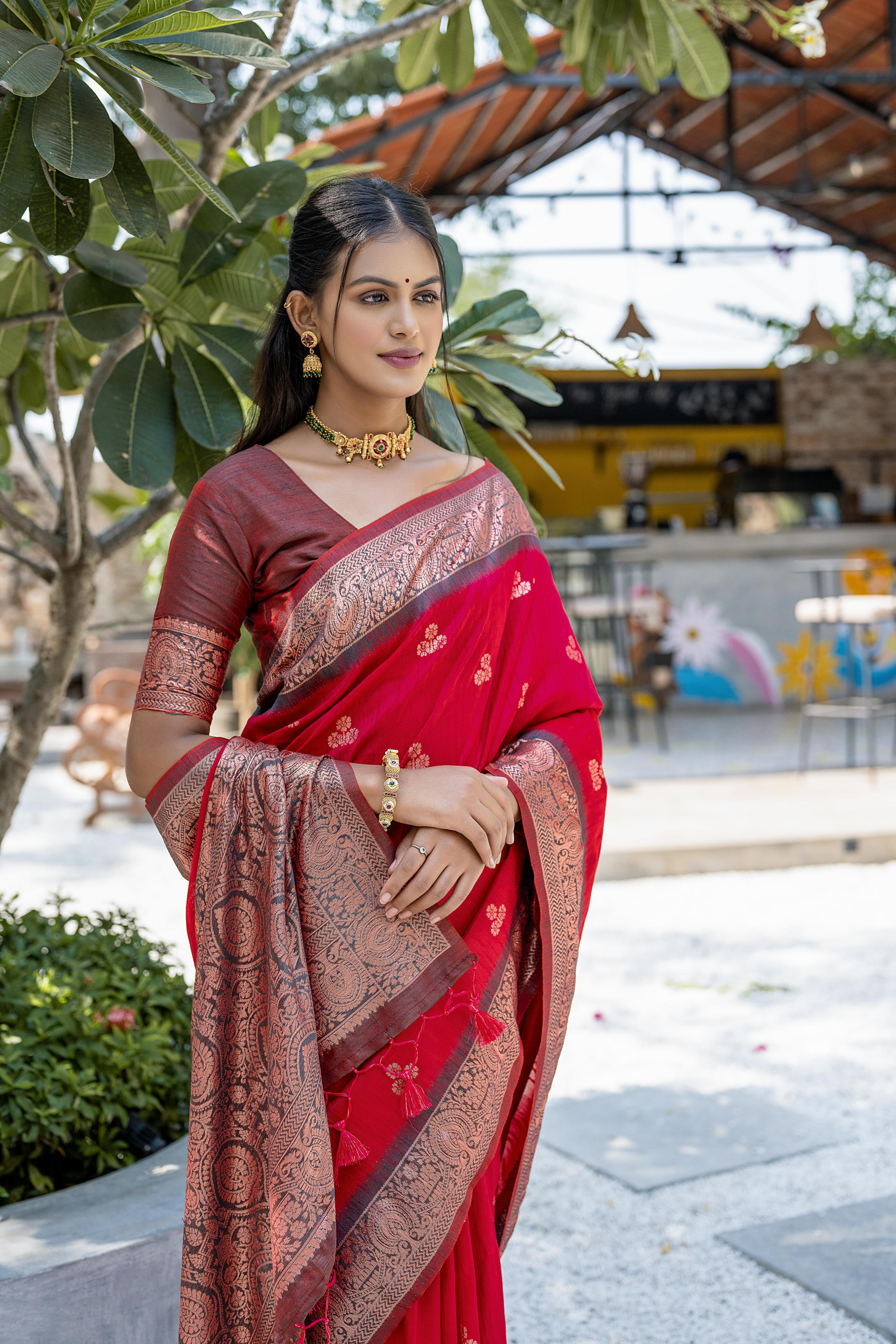 Vsaree Red Raw Silk Saree With All Over Weaving Butties And Zari Weaving pallu And Blouse