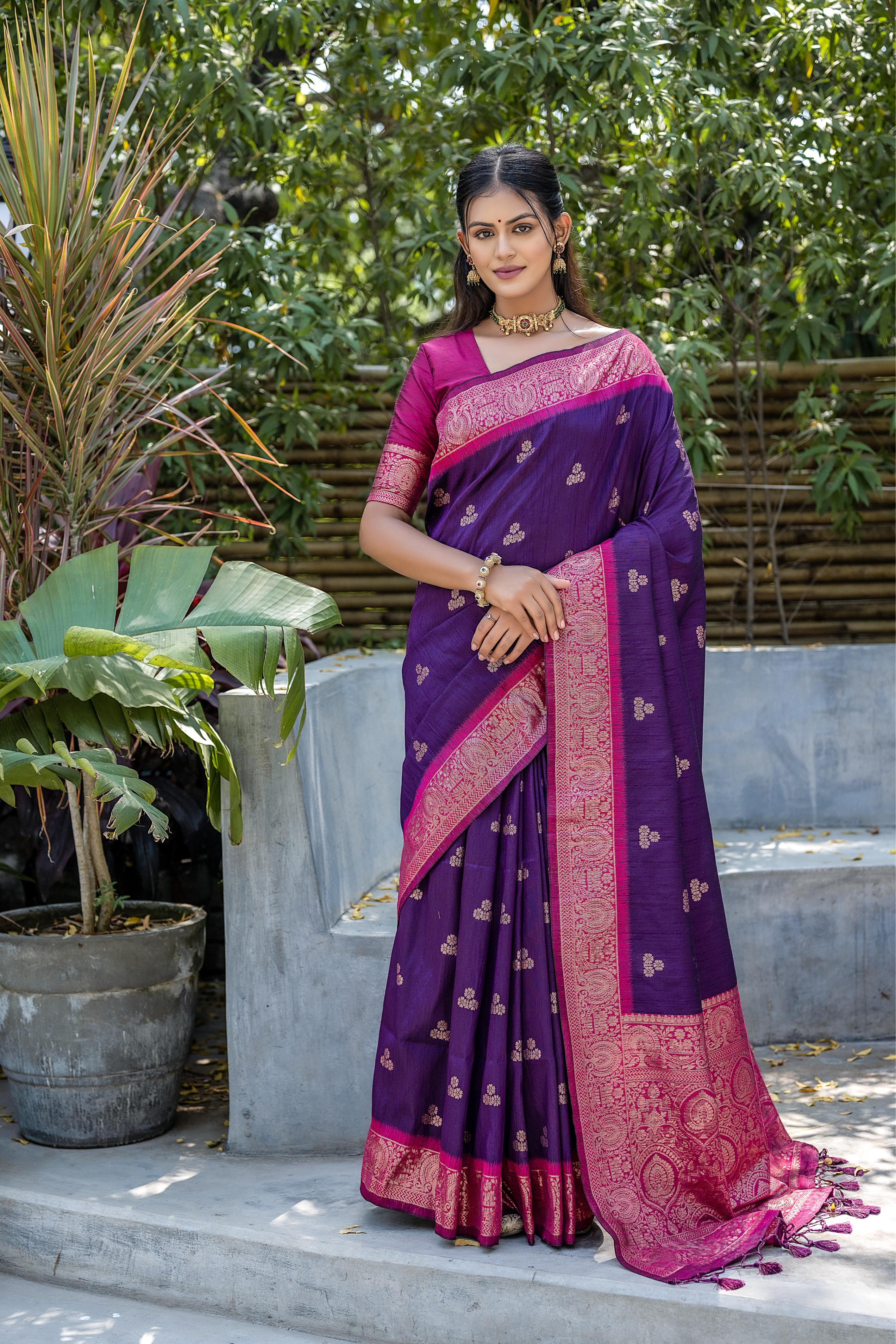 Vsaree Wine Raw Silk Saree With All Over Weaving Butties And Zari Weaving pallu And Blouse