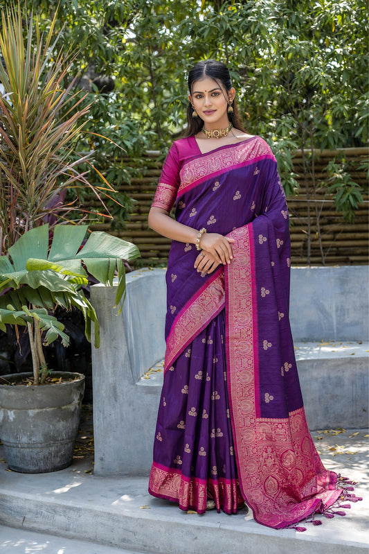 Vsaree Wine Raw Silk Saree With All Over Weaving Butties And Zari Weaving pallu And Blouse