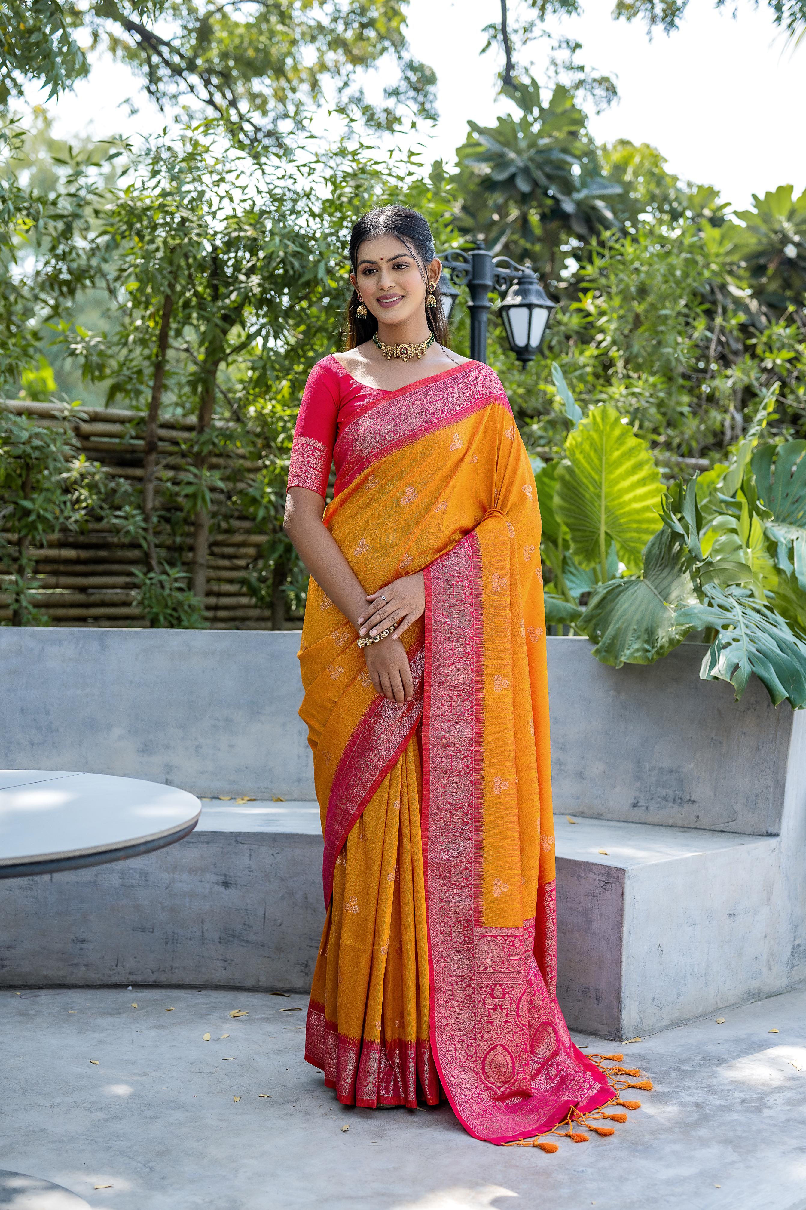 Vsaree Yellow Raw Silk Saree With All Over Weaving Butties And Zari Weaving pallu And Blouse