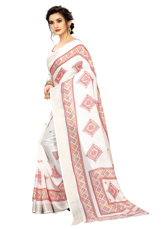 Vsaree White Linen Saree And Bandhani Prints And printed Border And Fancy Pallu With Blouse