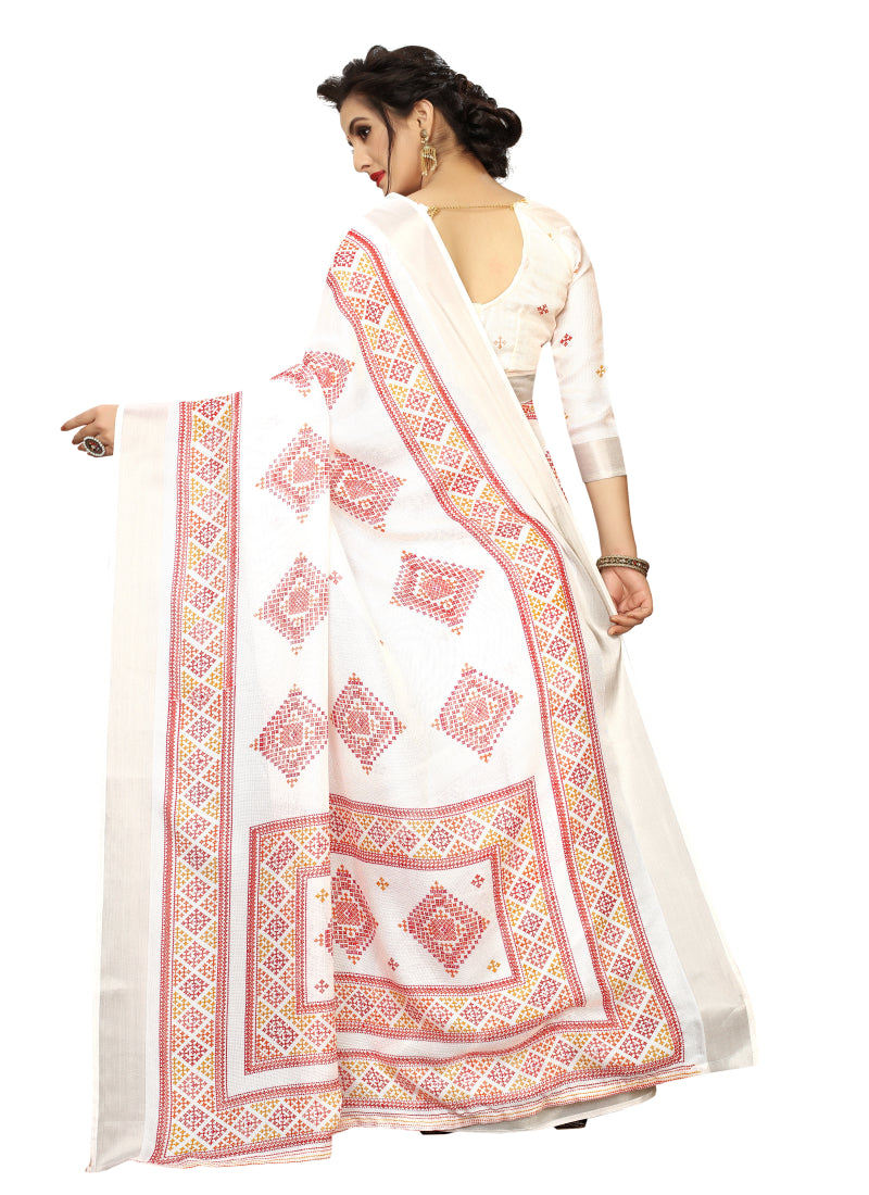 Vsaree White Linen Saree And Bandhani Prints And printed Border And Fancy Pallu With Blouse