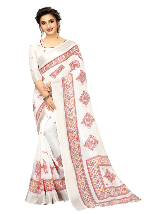 Vsaree White Linen Saree And Bandhani Prints And printed Border And Fancy Pallu With Blouse