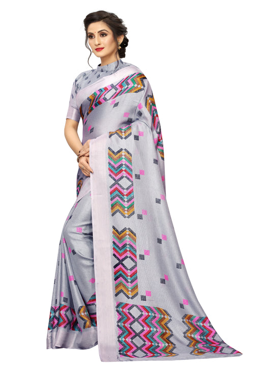 Vsaree Grey Linen Saree And Bandhani Prints And printed Border And Fancy Pallu With Blouse