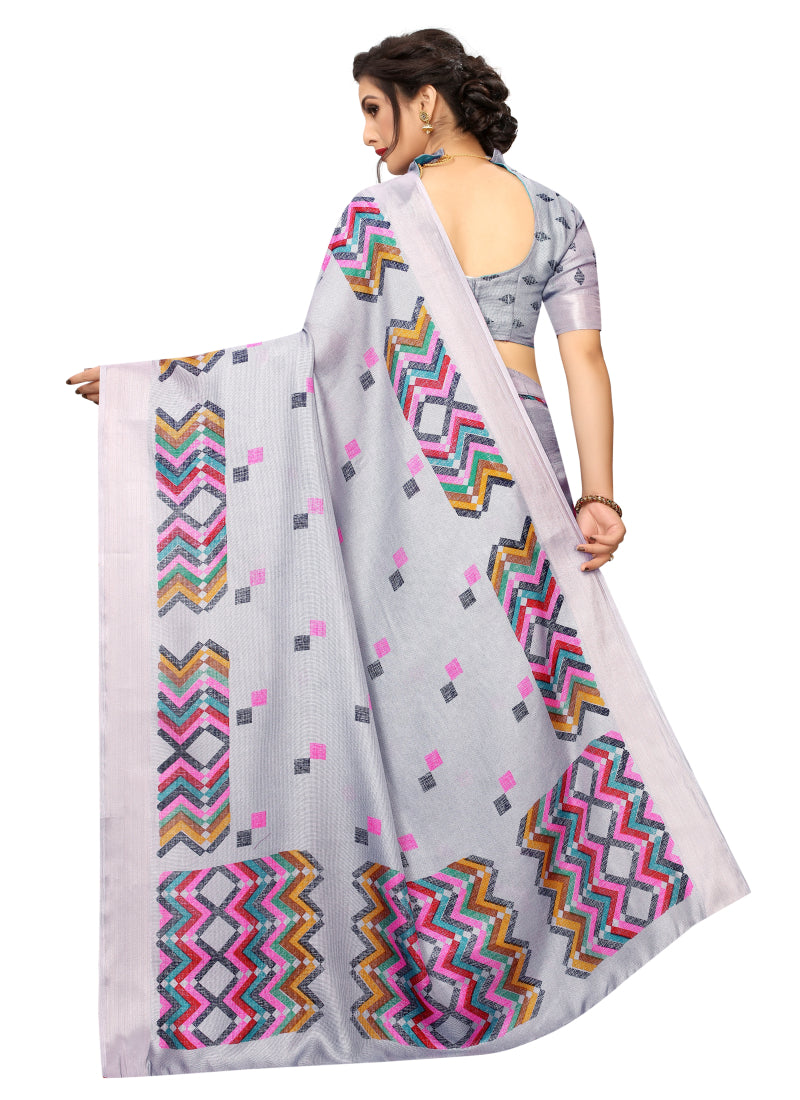 Vsaree Grey Linen Saree And Bandhani Prints And printed Border And Fancy Pallu With Blouse