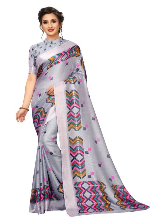 Vsaree Grey Linen Saree And Bandhani Prints And printed Border And Fancy Pallu With Blouse