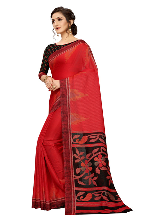 Vsaree Red Linen Saree And Bandhani Prints And printed Border And Fancy Pallu With Blouse