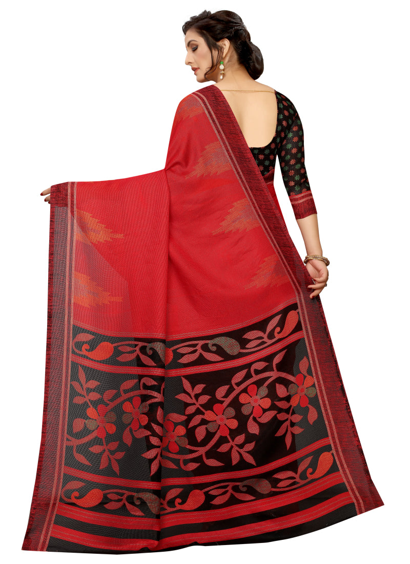 Vsaree Red Linen Saree And Bandhani Prints And printed Border And Fancy Pallu With Blouse