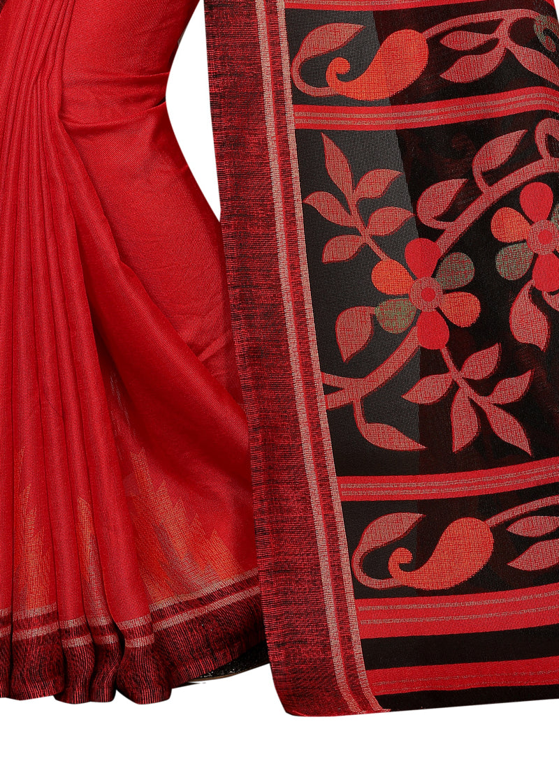 Vsaree Red Linen Saree And Bandhani Prints And printed Border And Fancy Pallu With Blouse