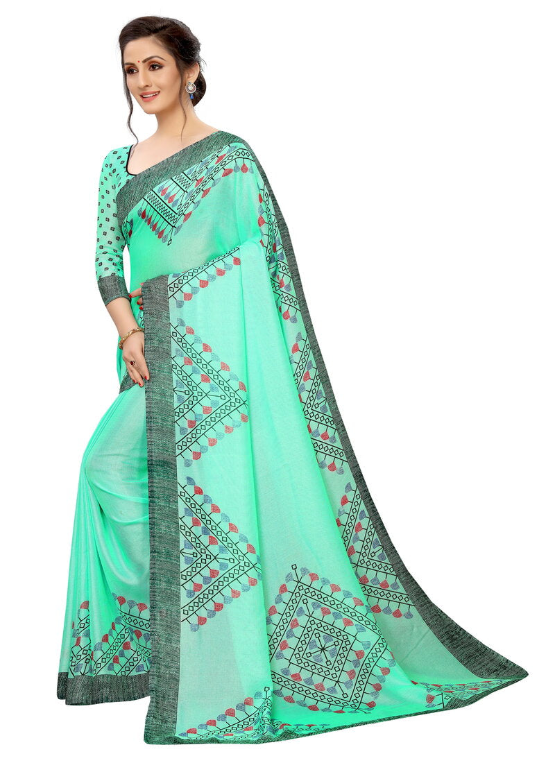 Vsaree Firozi Linen Saree And Bandhani Prints And printed Border And Fancy Pallu With Blouse