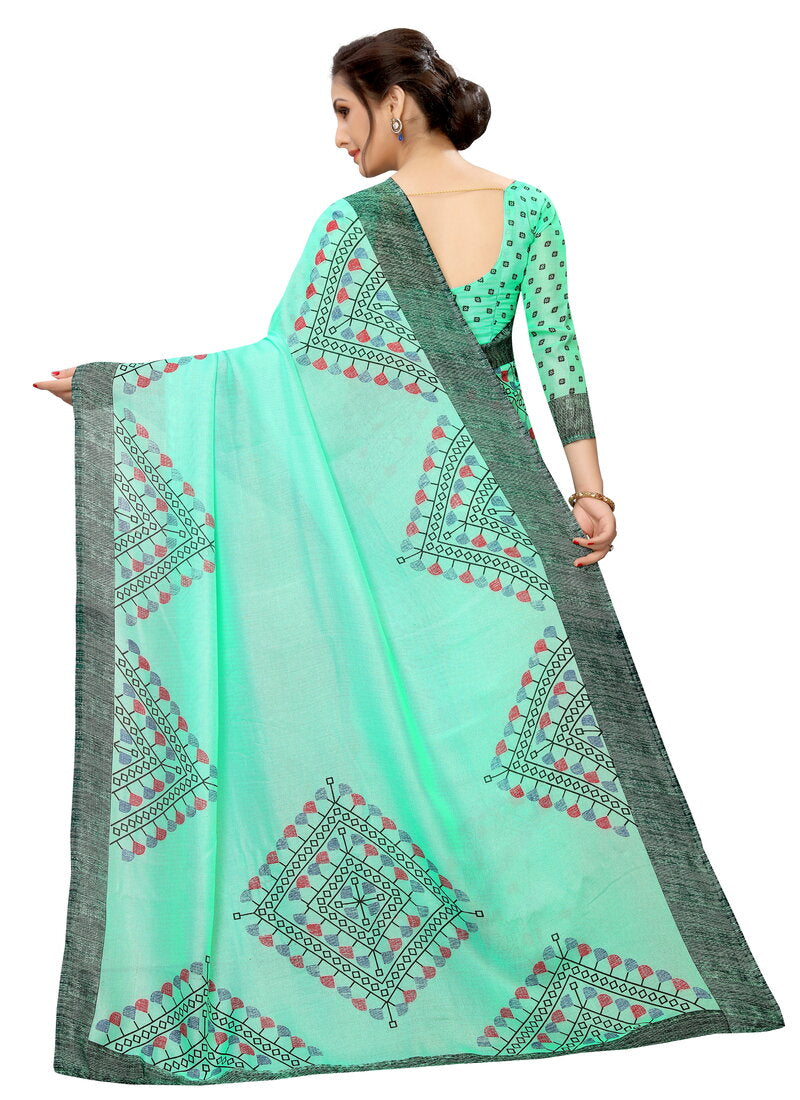 Vsaree Firozi Linen Saree And Bandhani Prints And printed Border And Fancy Pallu With Blouse