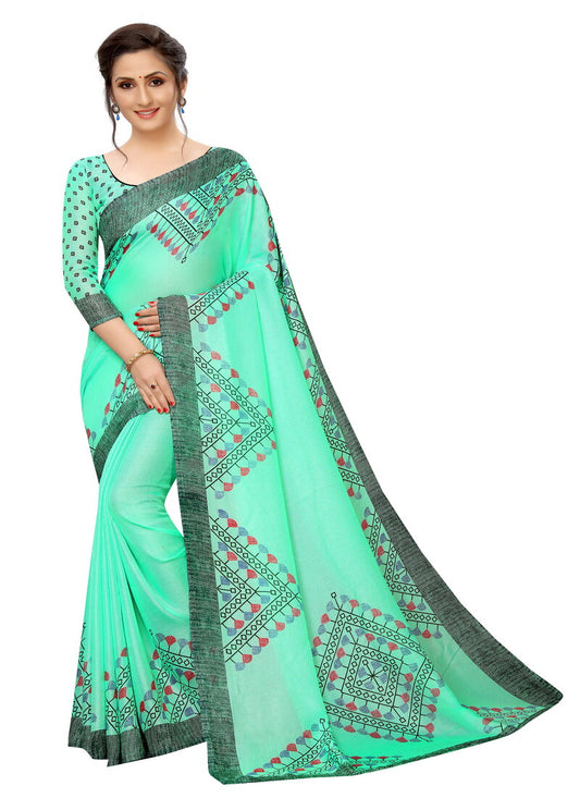 Vsaree Firozi Linen Saree And Bandhani Prints And printed Border And Fancy Pallu With Blouse