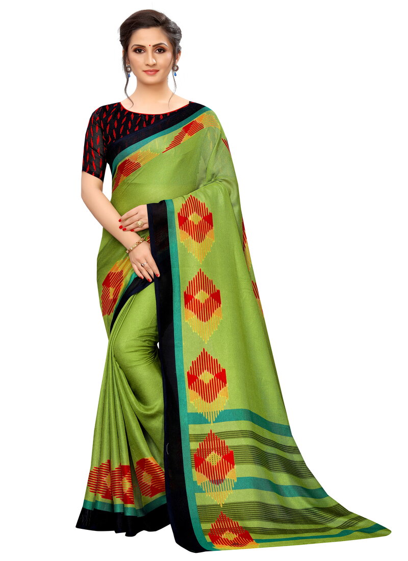 Vsaree Parrot Green Linen Saree And Bandhani Prints And printed Border And Fancy Pallu With Blouse