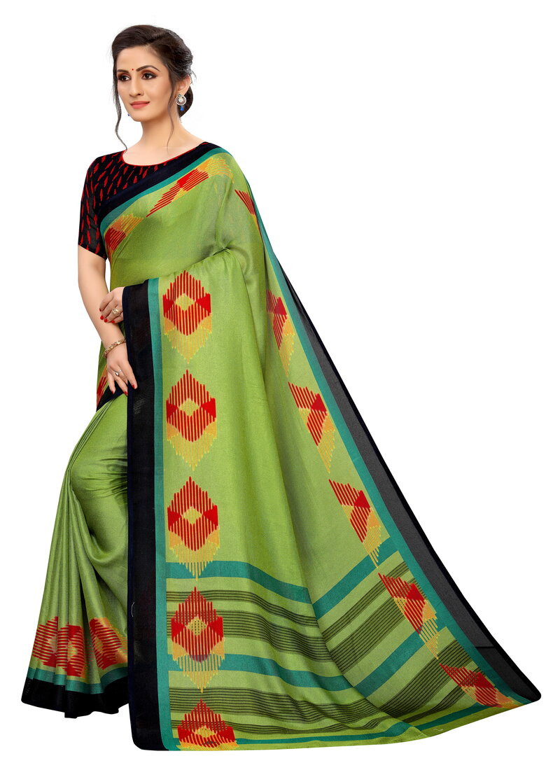 Vsaree Parrot Green Linen Saree And Bandhani Prints And printed Border And Fancy Pallu With Blouse