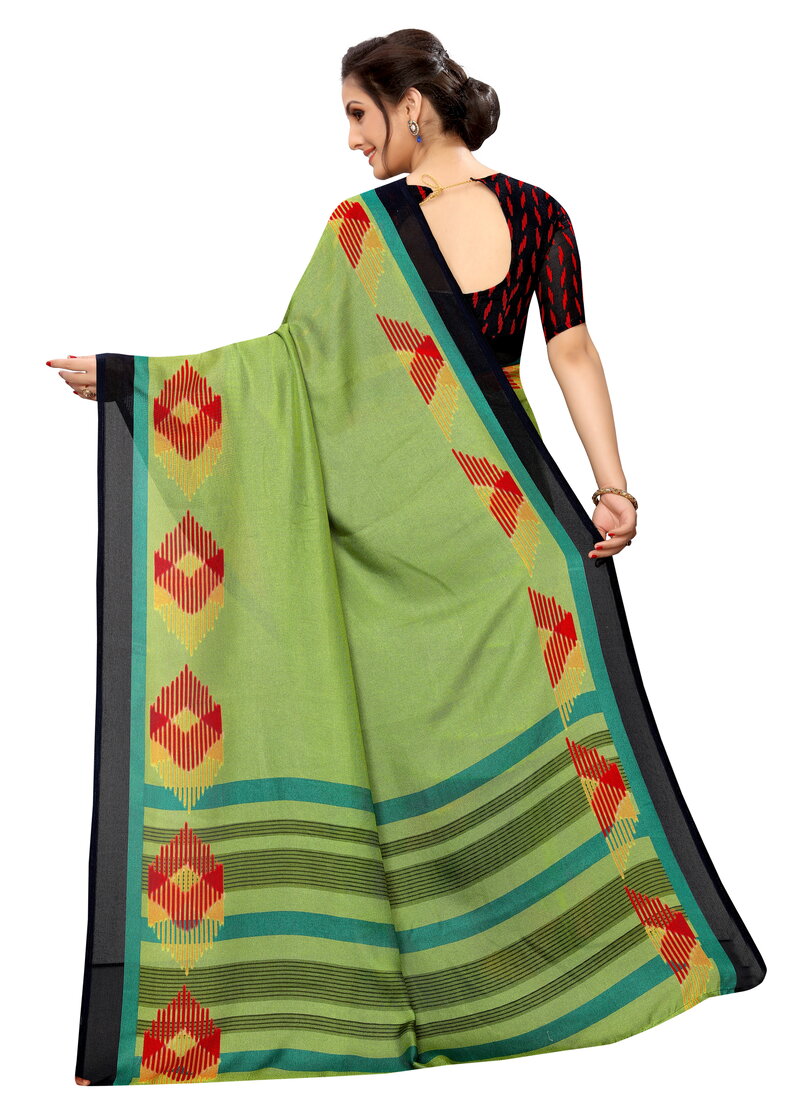 Vsaree Parrot Green Linen Saree And Bandhani Prints And printed Border And Fancy Pallu With Blouse