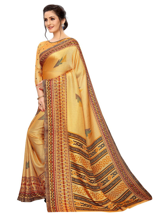 Vsaree Yellow Linen Saree And Bandhani Prints And printed Border And Fancy Pallu With Blouse