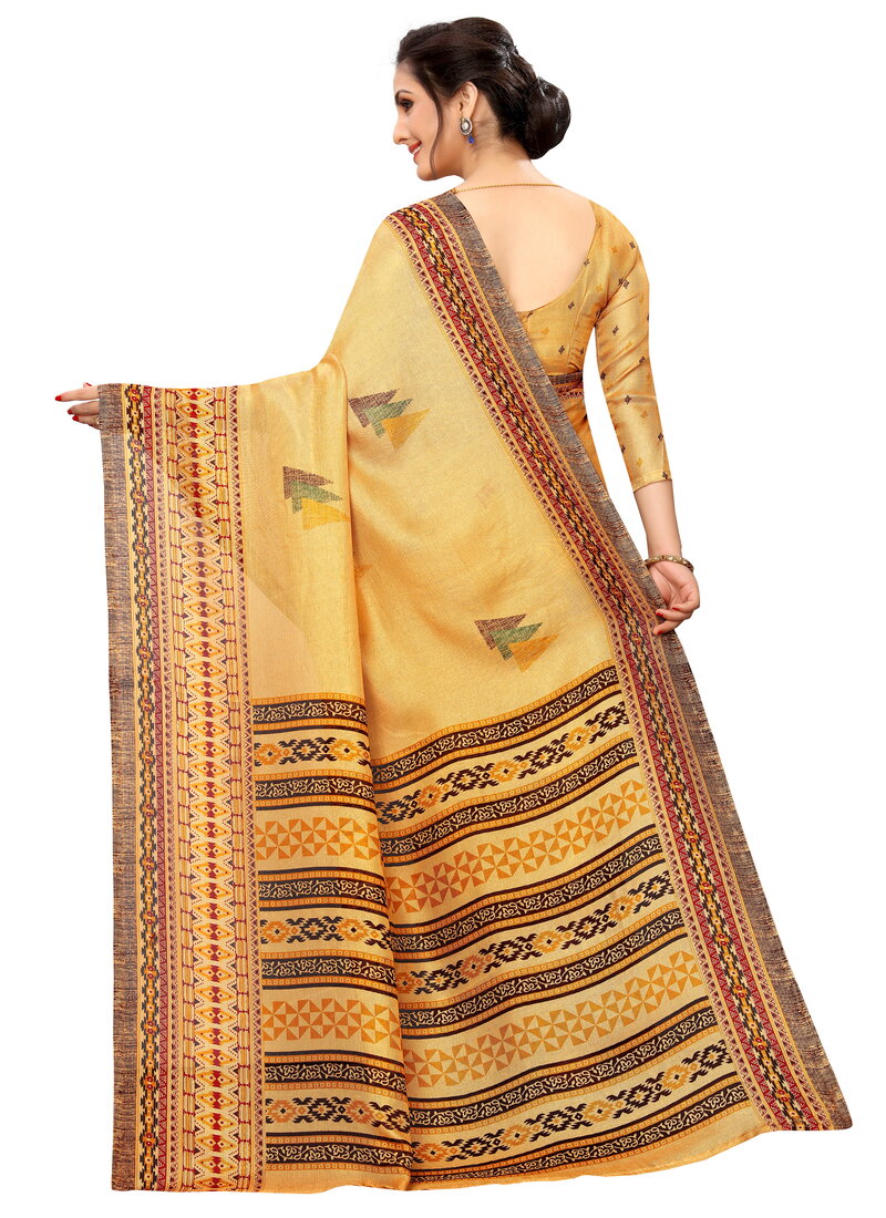 Vsaree Yellow Linen Saree And Bandhani Prints And printed Border And Fancy Pallu With Blouse