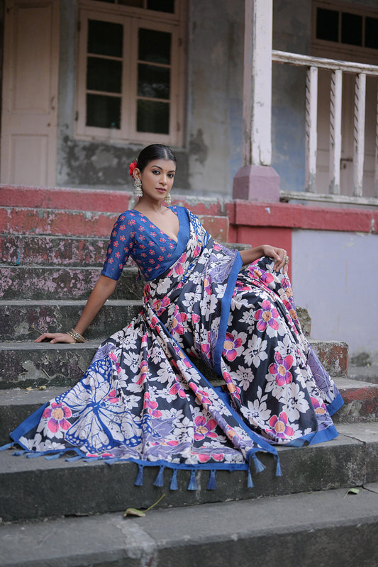 Vsaree Black Soft Silk Saree With all over traditional floral print And Blouse