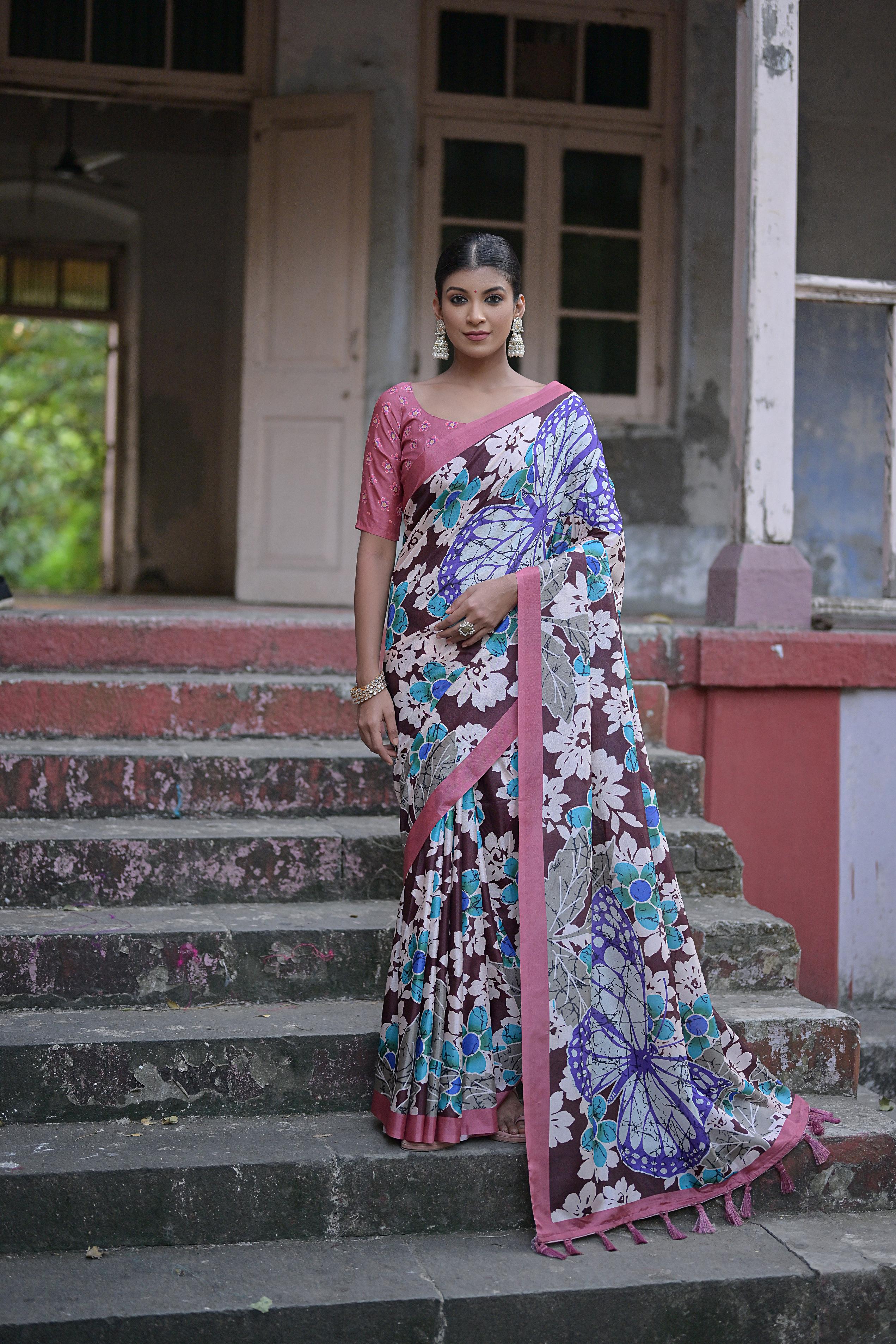 Vsaree Coffee Soft Silk Saree With all over traditional floral print And Blouse