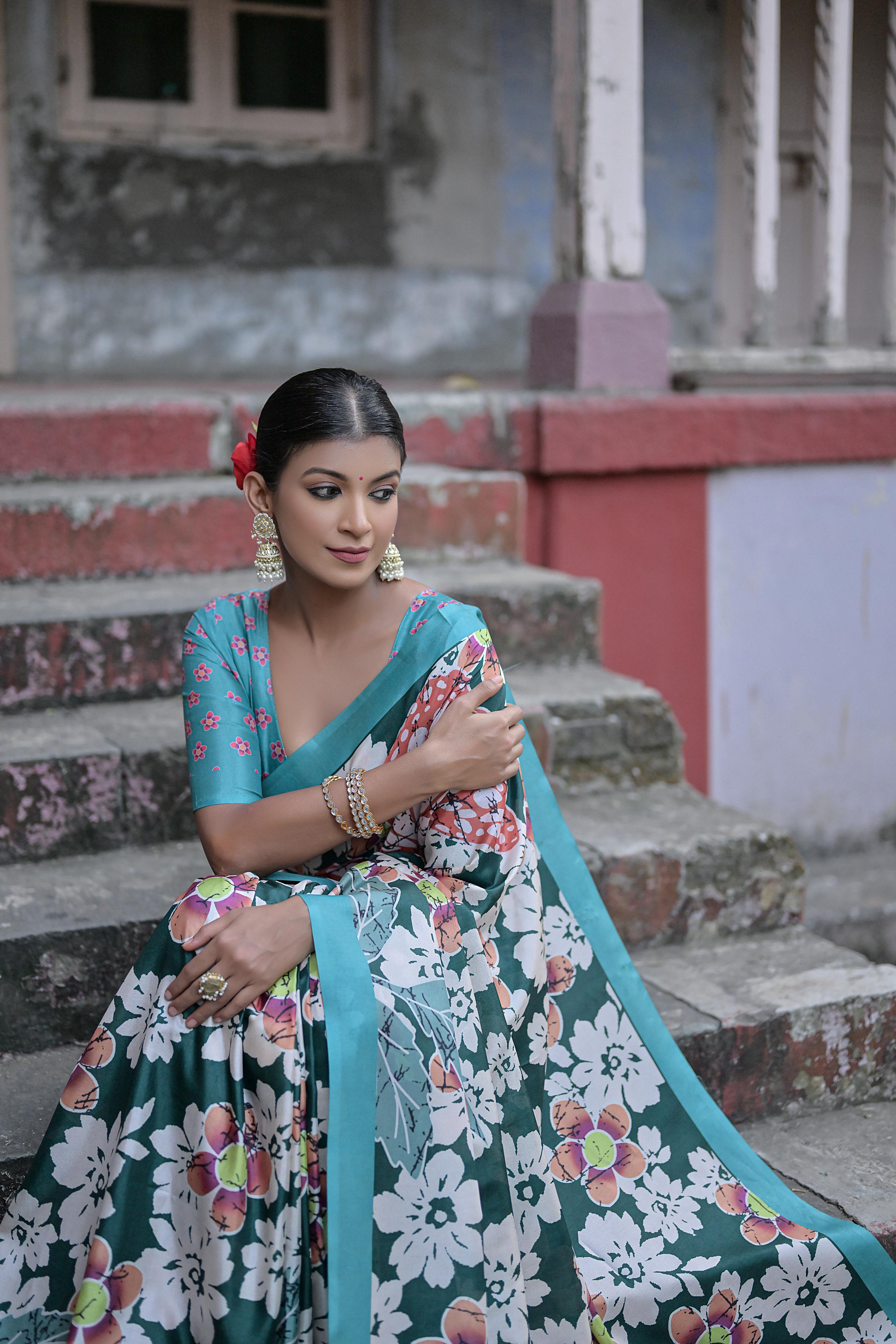 Vsaree Green Soft Silk Saree With all over traditional floral print And Blouse