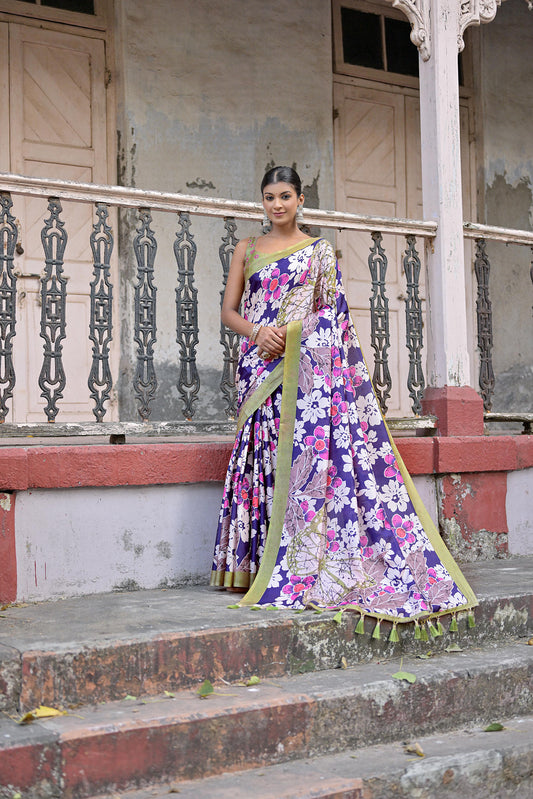 Vsaree Navy Blue Soft Silk Saree With all over traditional floral print And Blouse