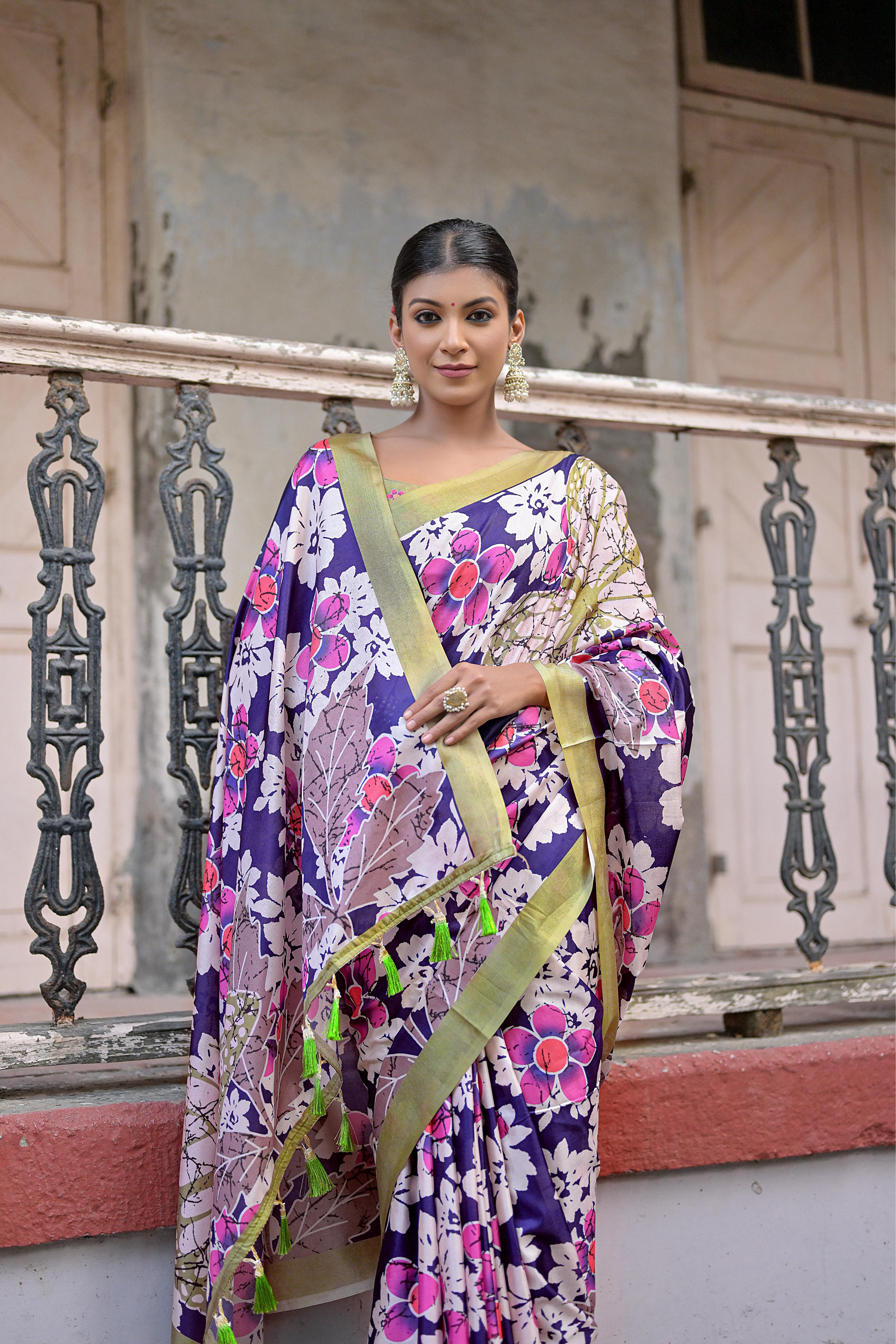 Vsaree Navy Blue Soft Silk Saree With all over traditional floral print And Blouse