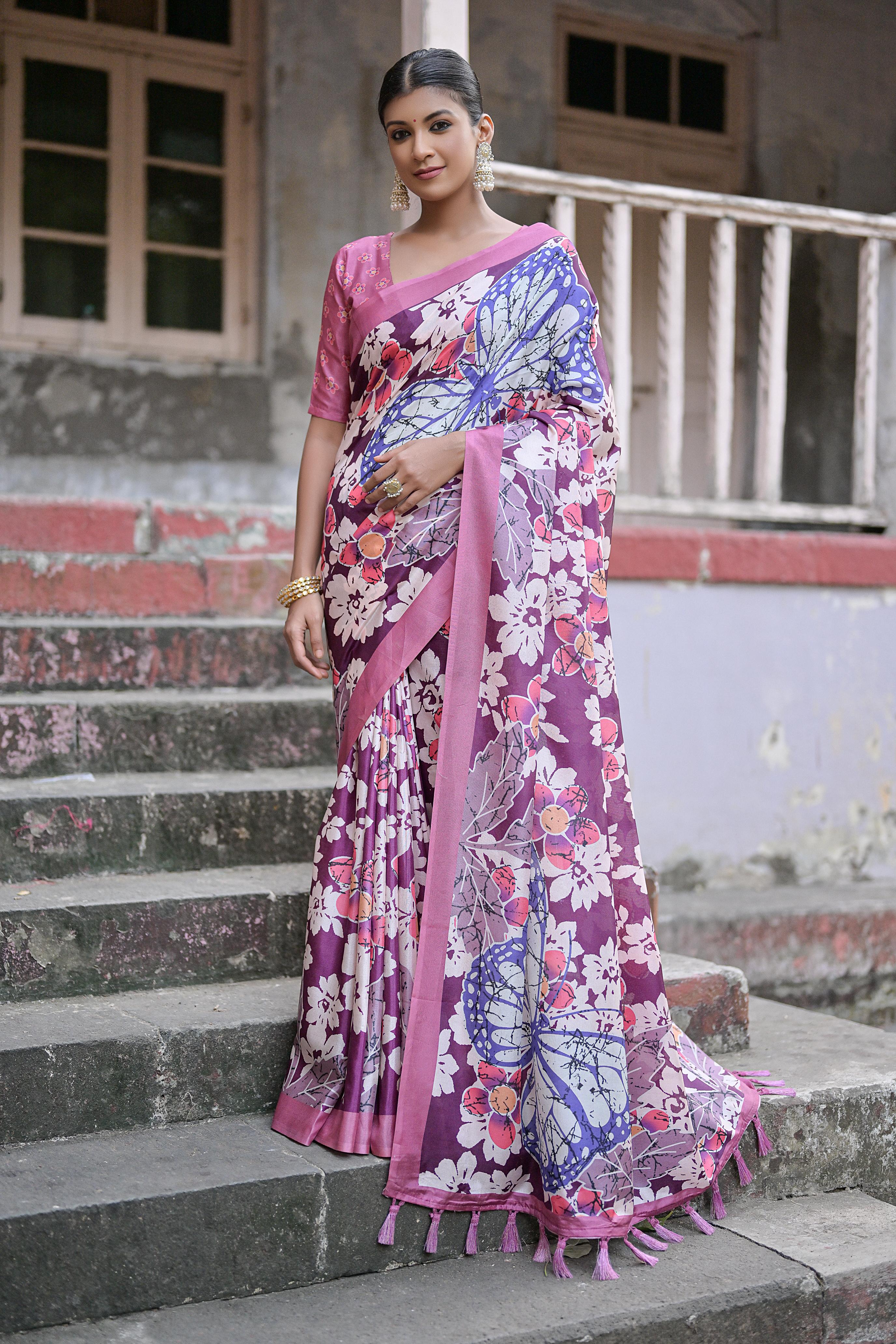 Vsaree Wine Soft Silk Saree With all over traditional floral print And Blouse