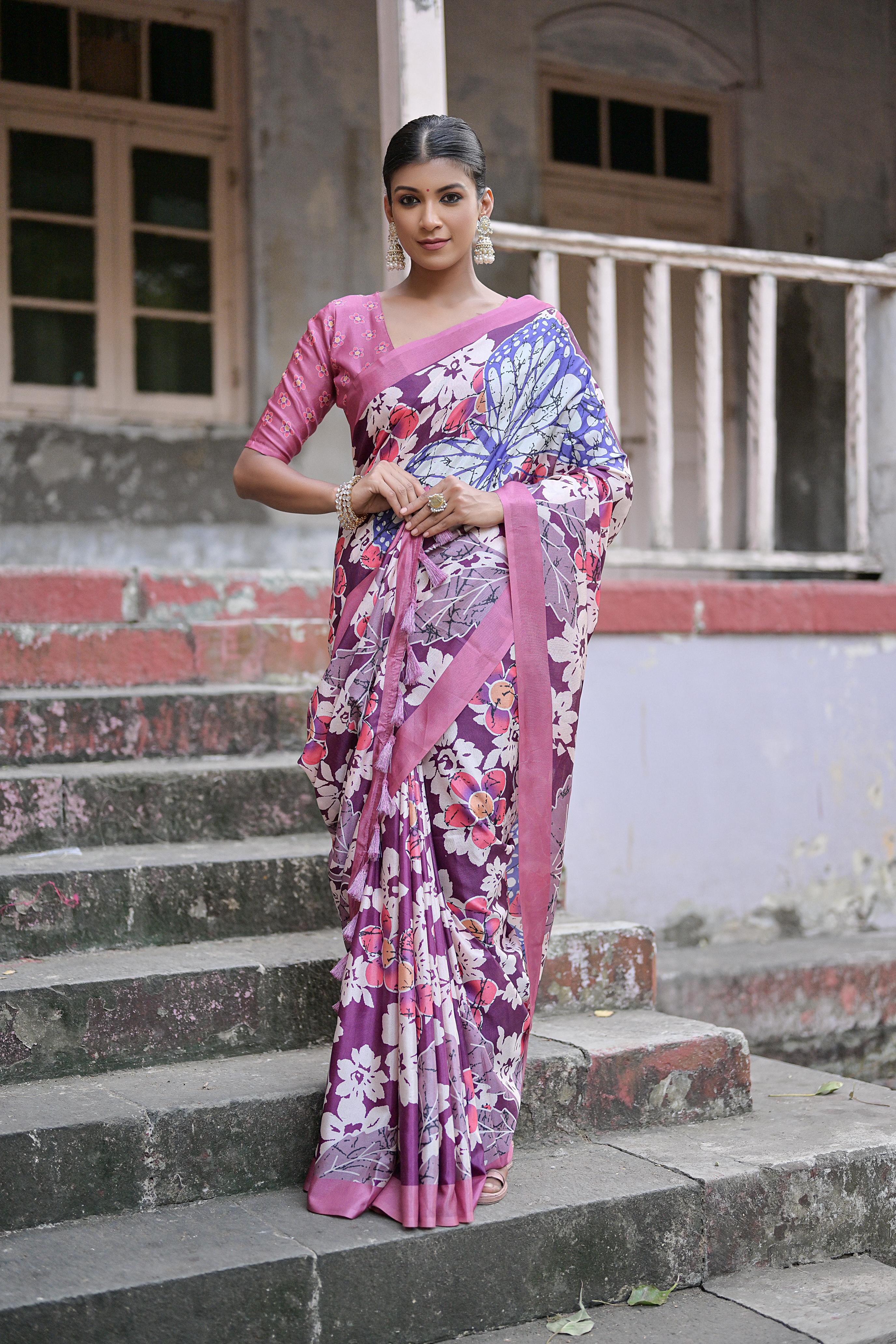 Vsaree Wine Soft Silk Saree With all over traditional floral print And Blouse