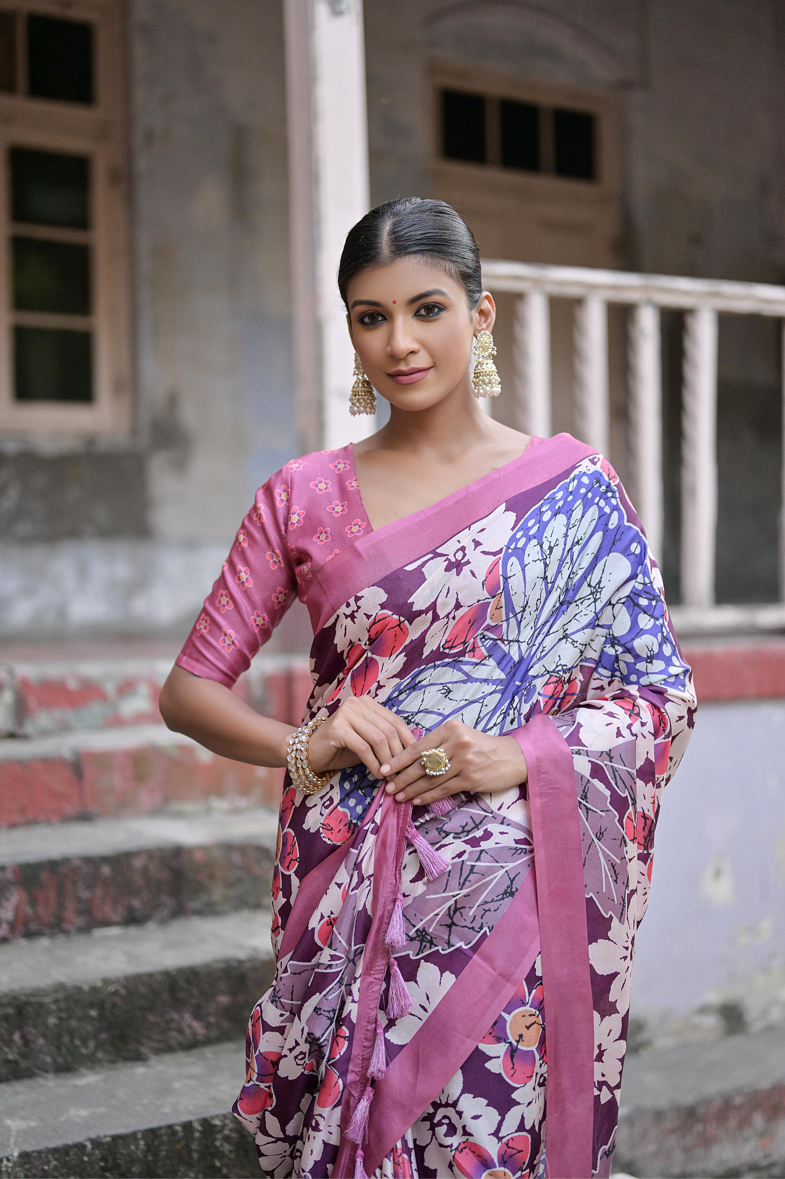 Vsaree Wine Soft Silk Saree With all over traditional floral print And Blouse