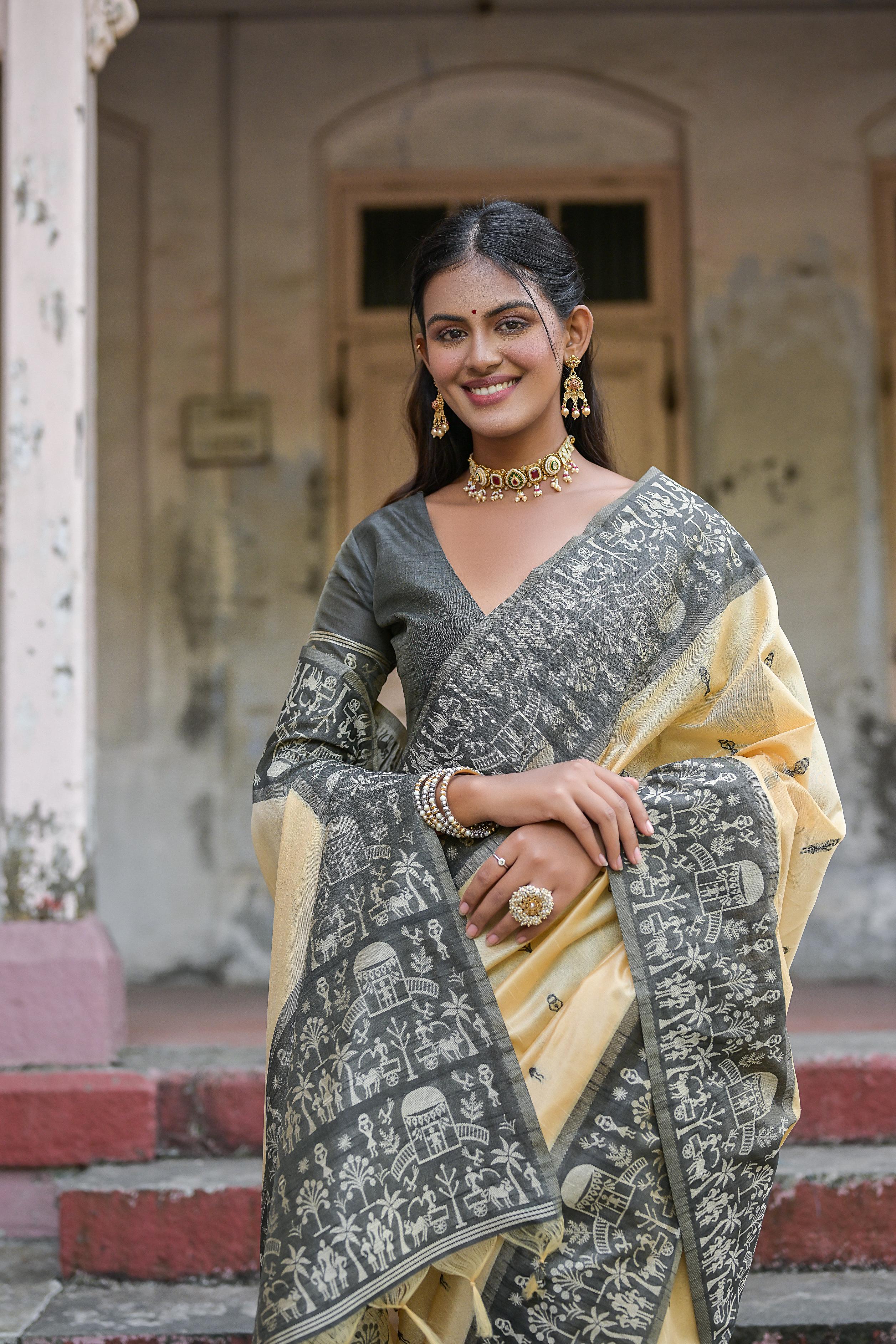 Vsaree Black Raw Silk Saree With All over weaving Butties And weving pallu and Blouse