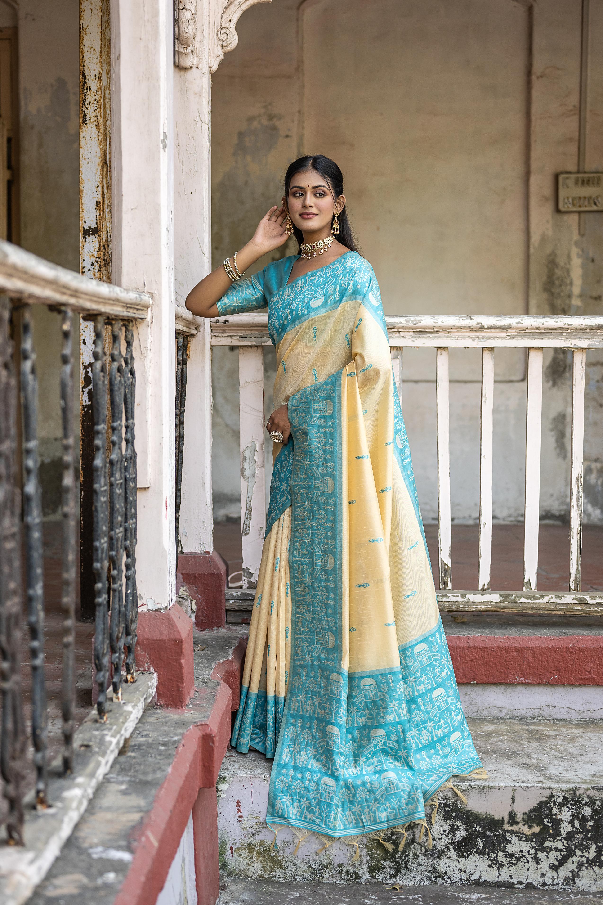 Vsaree Firozi Raw Silk Saree With All over weaving Butties And weving pallu and Blouse