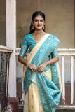 Vsaree Firozi Raw Silk Saree With All over weaving Butties And weving pallu and Blouse