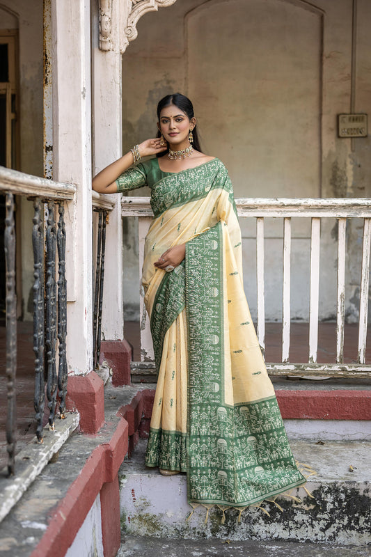 Vsaree Green Raw Silk Saree With All over weaving Butties And weving pallu and Blouse