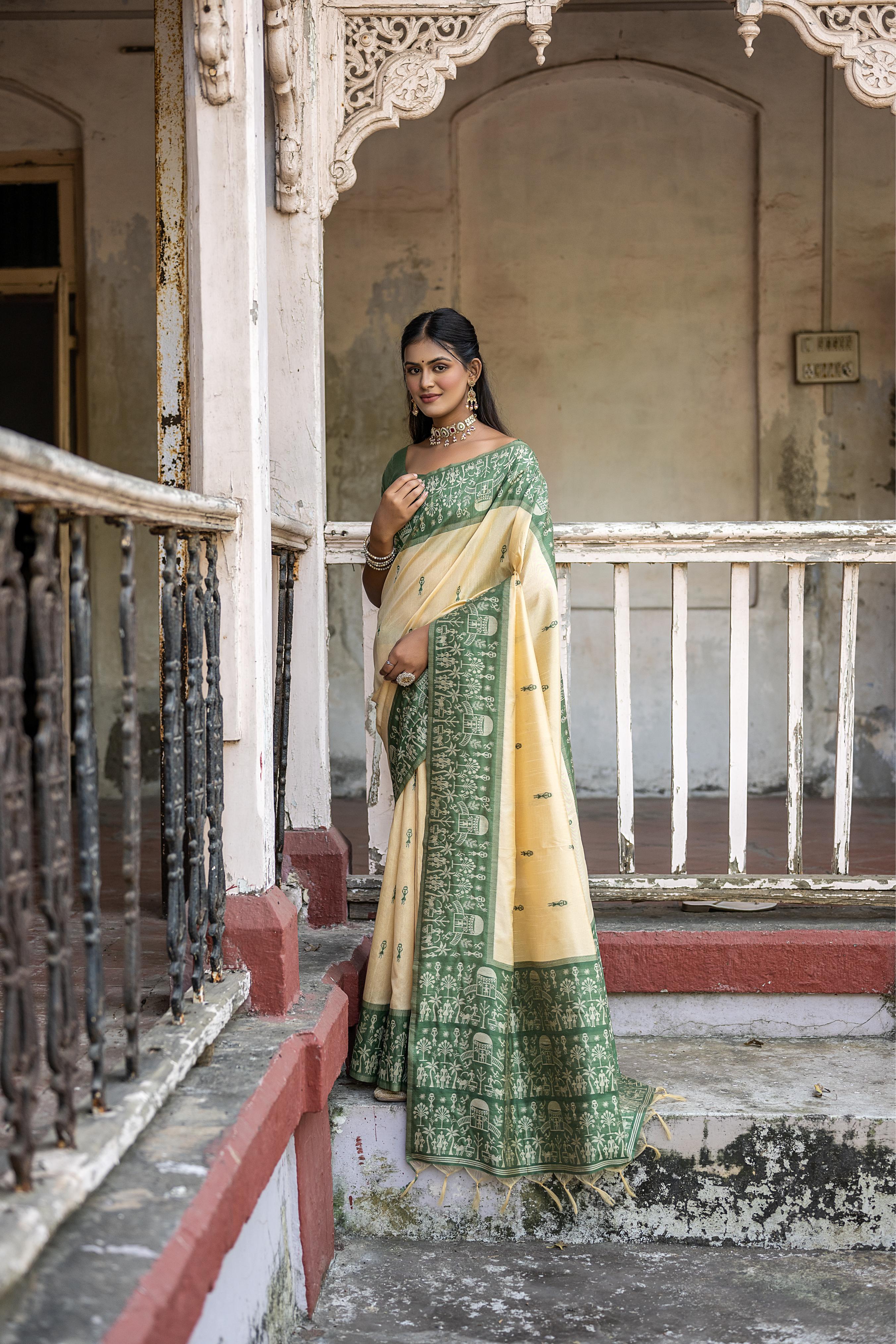 Vsaree Green Raw Silk Saree With All over weaving Butties And weving pallu and Blouse