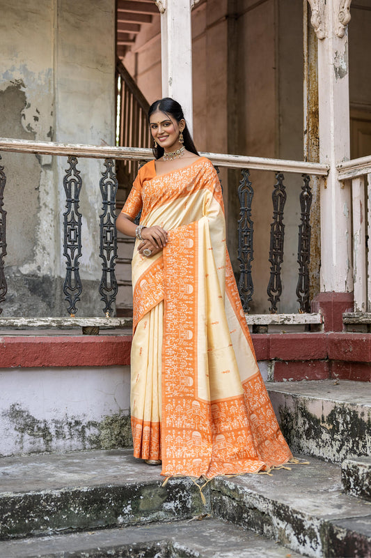 Vsaree Orange Raw Silk Saree With All over weaving Butties And weving pallu and Blouse