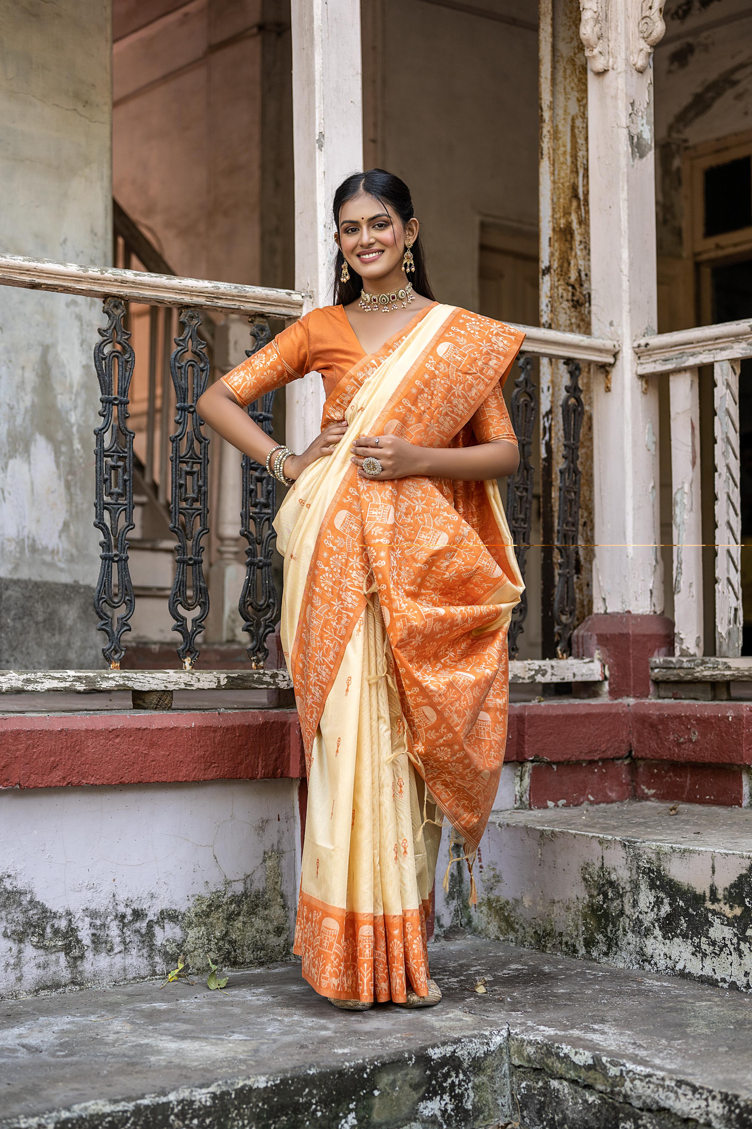 Vsaree Orange Raw Silk Saree With All over weaving Butties And weving pallu and Blouse