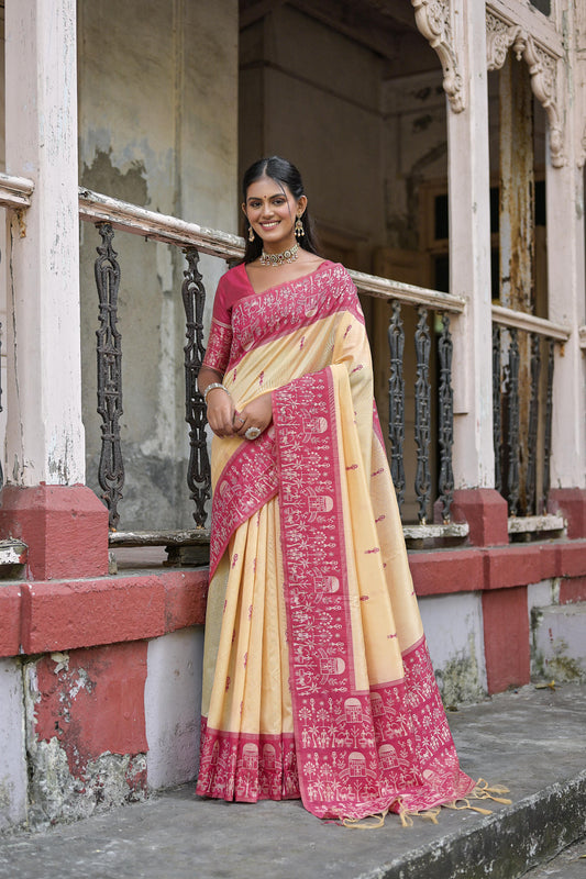 Vsaree Rani Pink Raw Silk Saree With All over weaving Butties And weving pallu and Blouse