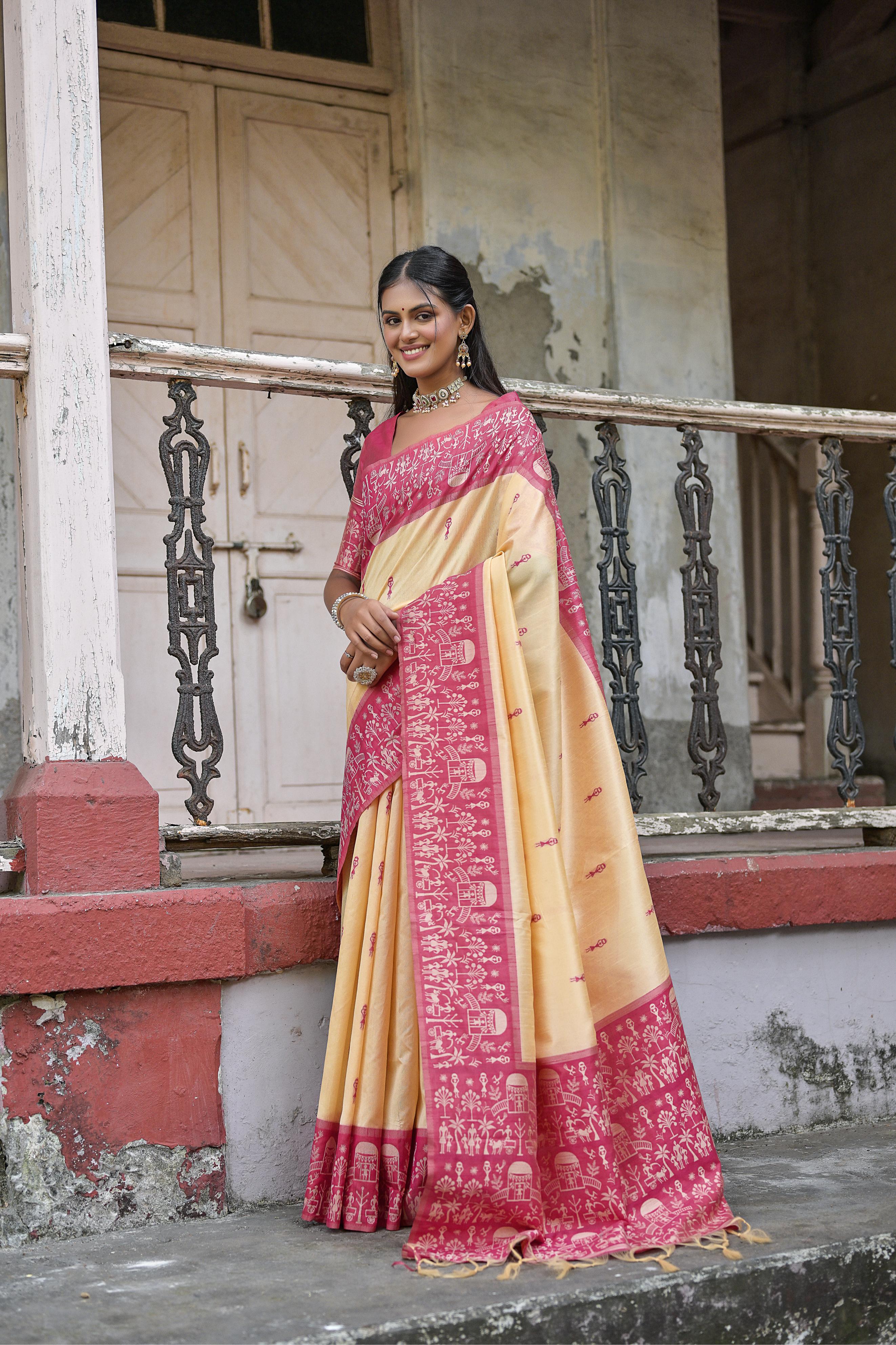 Vsaree Rani Pink Raw Silk Saree With All over weaving Butties And weving pallu and Blouse